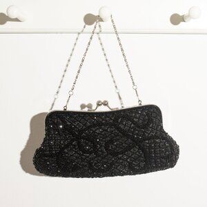 Vintage Black Beaded Evening Bag with Removable Silver Chain